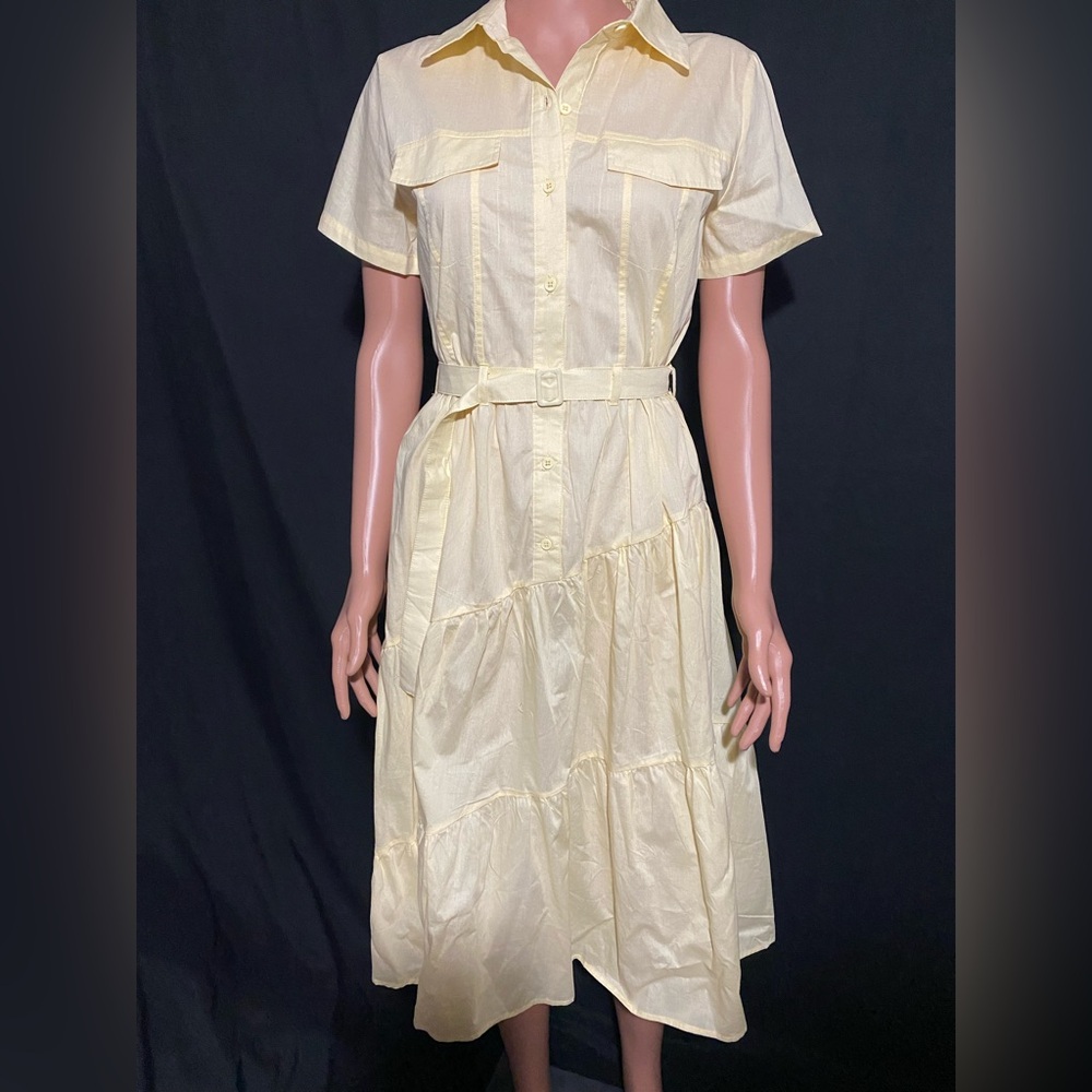 Haute Monde Light Yellow Belted Midi Dress